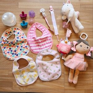 Baby Essentials Set with Bibs and Plush Doll